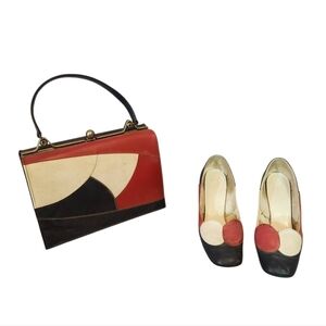 Vintage Red,‎ White & Navy Handbag and Heels Set Size 4.5